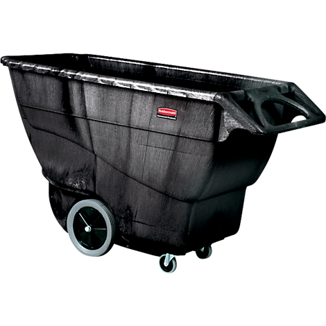 Schwarzer Müllwagen mit Rollen und Griff. Das Logo von Rubbermaid ist sichtbar.