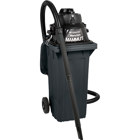 Aspirateur industriel noir avec tuyau et accessoire. Inscription : "Manutec MAMMUT".
