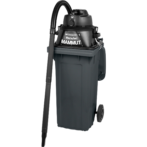 Aspirateur industriel gris foncé sur un conteneur à déchets gris avec roues. L'aspirateur porte l'inscription "Manutec MAMMUT".