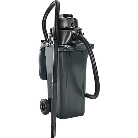 Un aspirateur industriel noir avec un conteneur sur roues et un tuyau flexible. L'image est sur un fond blanc.