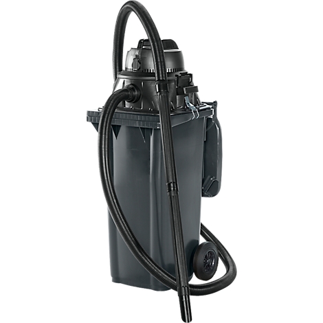 Aspirateur industriel gris foncé avec tuyau et buse noirs.