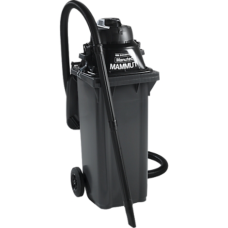 Aspirateur industriel noir avec tuyau, poignée et roues. Inscription "Manutec Mammut".