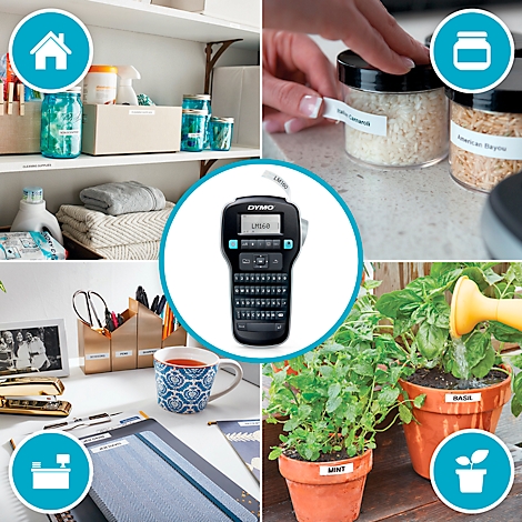 Étiqueteuse Dymo entourée d'exemples d'utilisation pour l'organisation à la maison, en cuisine, au bureau et au jardin.