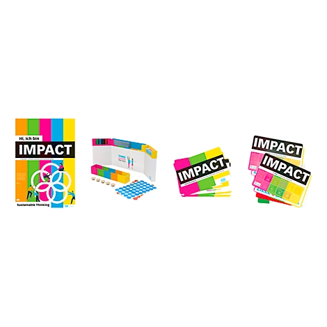 Plusieurs images de produits : jeux de cartes et matériel de jeu, aux couleurs vives avec le mot IMPACT. Texte : Sustainable Thinking.