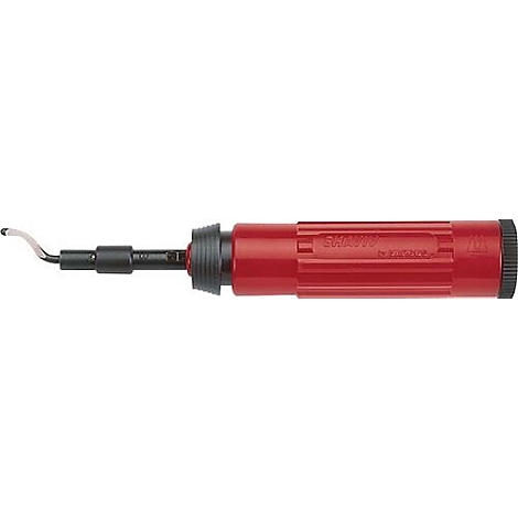 Une poignée rouge avec une lame noire, sur fond blanc.