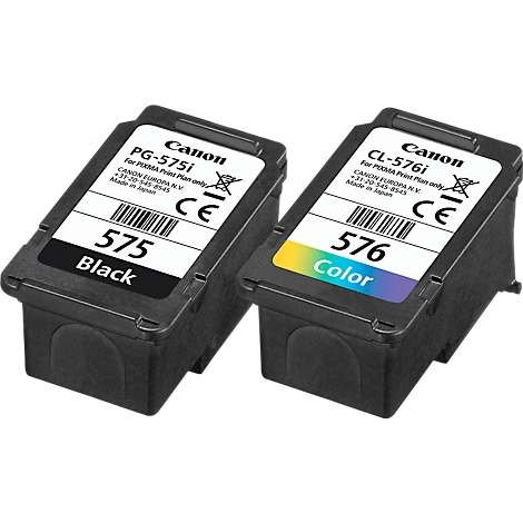 Deux cartouches d'encre Canon noires : PG-575i, CL-576i. Étiquettes avec le nom du produit, le numéro de série, les informations du fabricant et les couleurs noir, couleur.