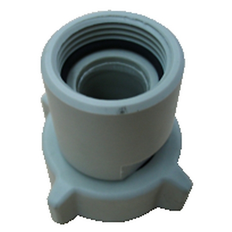 Adaptateur en plastique gris avec filetage et joint d'étanchéité. Le bas a trois protubérances.