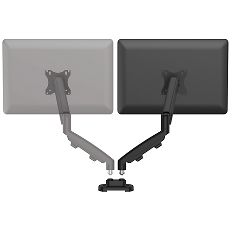 Support double moniteur, gris et noir, montrant les moniteurs par derrière.