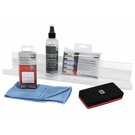 Set d'accessoires Sigel avec tablette, aimants, spray de nettoyage, marqueurs, chiffon microfibre et effaceur.