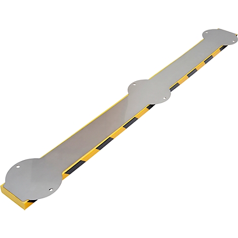 Barra de barrera de metal amarillo y negro con placas de cubierta grises.