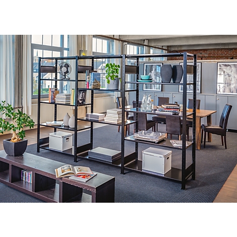 Étagère en métal noir avec livres, plantes et décoration dans une pièce lumineuse.