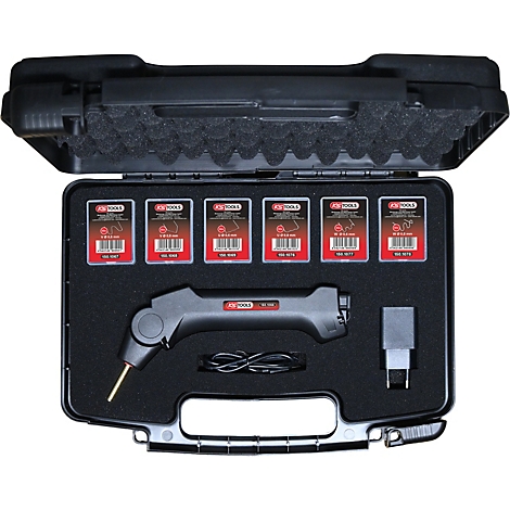 Mallette en plastique KS Tools contenant une agrafeuse thermique, des accessoires et six paquets d'agrafes.