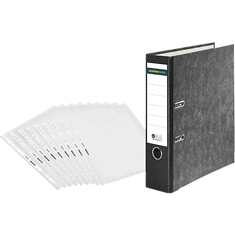 Classeur avec feuilles d'insertion. Classeur noir avec champ d'étiquetage blanc, à côté de feuilles transparentes. Texte : SCHREIBER-DATA.