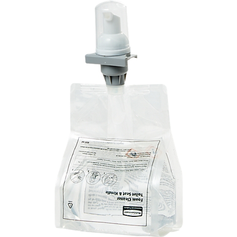 Un sac transparent avec un distributeur à pompe pour nettoyant pour siège de toilette. Inscription : Foam Cleaner Toilet Seat & Hindle.