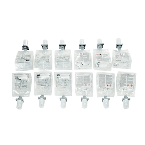 Vue de 10 recharges pour distributeurs de savon, transparentes, avec distributeurs gris.