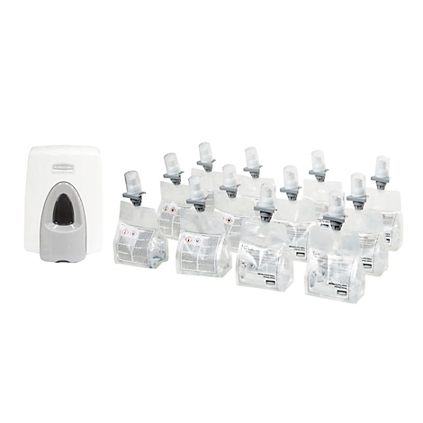 Un distributeur de savon blanc à côté d'une rangée de recharges. Le distributeur de savon a un insert gris. Les recharges sont transparentes.