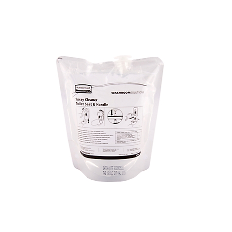 Sac transparent de nettoyant liquide, nom du produit et instructions sur l'étiquette.