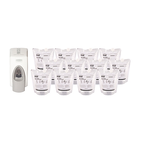 Distributeur de savon gris avec recharges sur fond blanc.