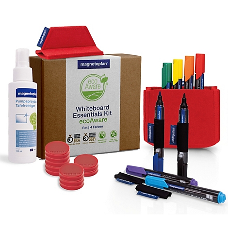 Kit d'essentiels pour tableau blanc Magnetoplan ecoAware avec nettoyant, marqueurs, aimants et accessoires en feutre rouge.