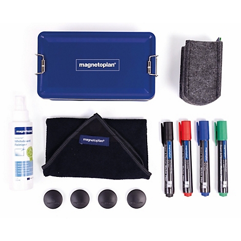 Ensemble Magnetoplan comprenant une boîte bleue, des marqueurs, un spray nettoyant, un chiffon, des aimants et une pochette en feutre.