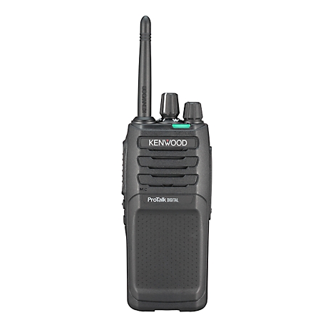Talkie-walkie Kenwood gris, antenne, boutons, lettrage.