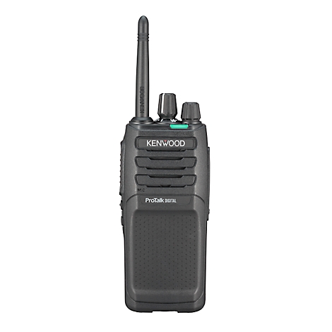 Talkie-walkie noir avec antenne et boutons; indique: Kenwood ProTalk.