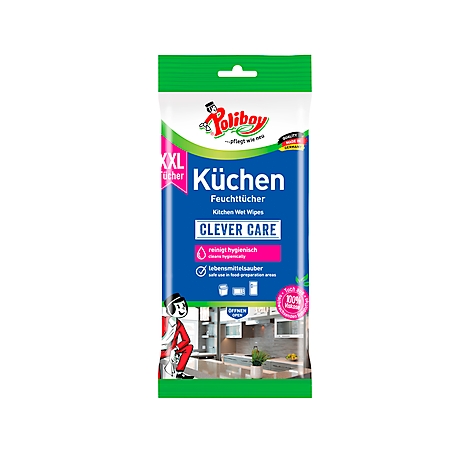 Blue and green packaging of kitchen wet wipes. Inscription: Poliboy, Kitchen, Clever Care, cleans hygienically, food safe.