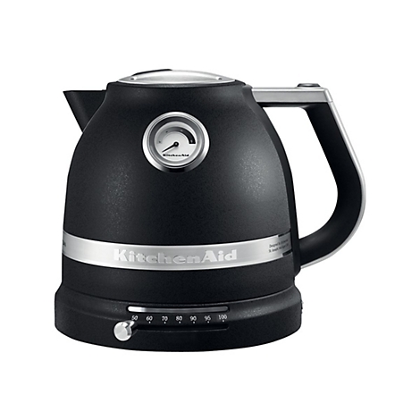 Schwarzer KitchenAid Wasserkocher mit Temperaturanzeige auf weißem Hintergrund.