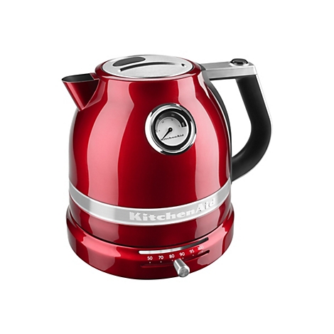 Roter KitchenAid Wasserkocher mit Temperaturanzeige und Regler auf weißem Hintergrund.