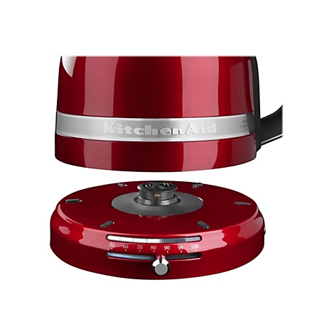 Roter KitchenAid Wasserkocher über seiner Basis mit Temperaturskala von 50 bis 100 Grad.