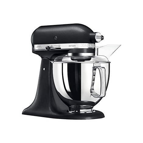 Schwarze KitchenAid Artisan Küchenmaschine mit Edelstahlschüssel vor weißem Hintergrund.
