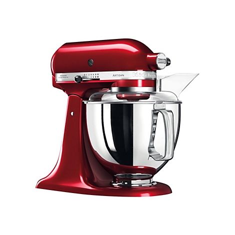 Rote KitchenAid Artisan Küchenmaschine mit Edelstahlschüssel vor weißem Hintergrund.