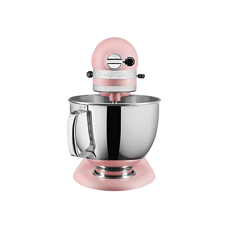 Rosa KitchenAid Küchenmaschine mit glänzender Edelstahlschüssel vor weißem Hintergrund.