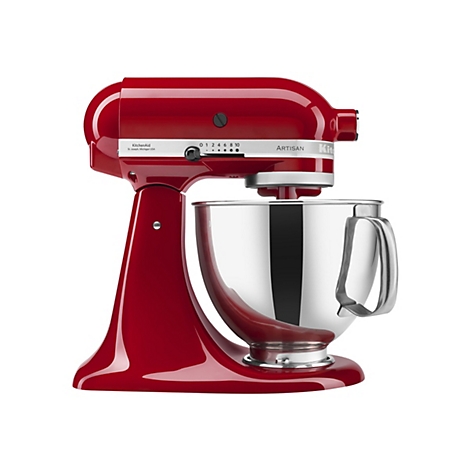 Rote KitchenAid Artisan Küchenmaschine mit Edelstahlschüssel vor weißem Hintergrund.