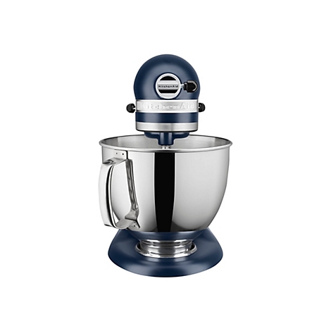 Dunkelblaue KitchenAid Küchenmaschine vor weißem Hintergrund.