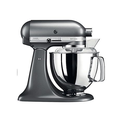 Graue KitchenAid Artisan Küchenmaschine mit Edelstahlschüssel vor weißem Hintergrund.