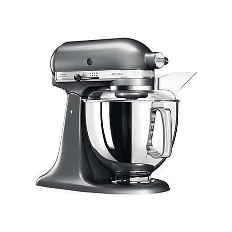 Dunkelgraue KitchenAid Artisan Küchenmaschine mit polierter Edelstahlschüssel vor weißem Hintergrund.