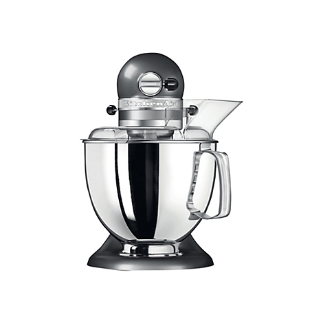 Dunkelgraue KitchenAid Küchenmaschine mit glänzender Edelstahlschüssel und transparentem Spritzschutz.