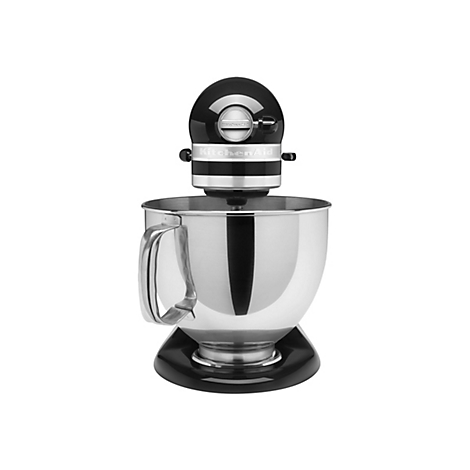 Schwarze KitchenAid Küchenmaschine mit glänzender Edelstahlschüssel auf weißem Hintergrund.