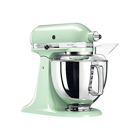 Hellgrüne KitchenAid Artisan Küchenmaschine mit Edelstahlschüssel vor weißem Hintergrund.