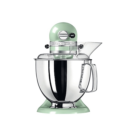 Hellgrüne KitchenAid Küchenmaschine mit Edelstahlschüssel und Spritzschutz vor weißem Hintergrund.