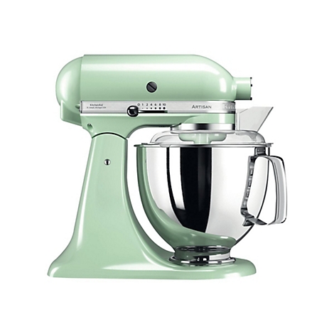 Hellgrüne KitchenAid Artisan Küchenmaschine mit Edelstahlschüssel vor weißem Hintergrund.