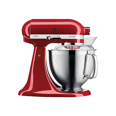Rote KitchenAid Artisan Küchenmaschine mit Edelstahlschüssel vor weißem Hintergrund.
