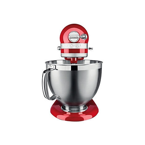 Rote KitchenAid Küchenmaschine mit glänzender Edelstahlschüssel vor weißem Hintergrund.