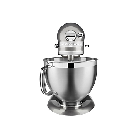 Graue KitchenAid Küchenmaschine vor weißem Hintergrund mit großer, polierter Edelstahlrührschüssel.