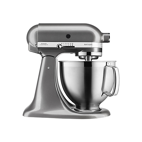 Graue KitchenAid Artisan Küchenmaschine mit Edelstahlschüssel vor weißem Hintergrund.