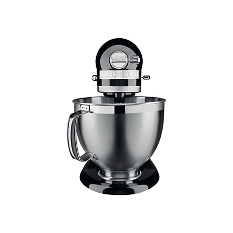 Schwarze KitchenAid Küchenmaschine mit Edelstahlschüssel vor weißem Hintergrund.