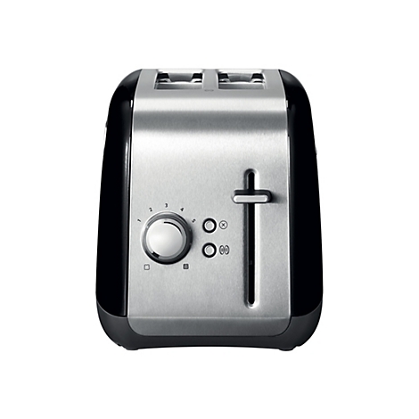 Elektrischer Toaster aus Edelstahl und schwarzem Kunststoff mit Drehregler und Tasten vor weißem Hintergrund.