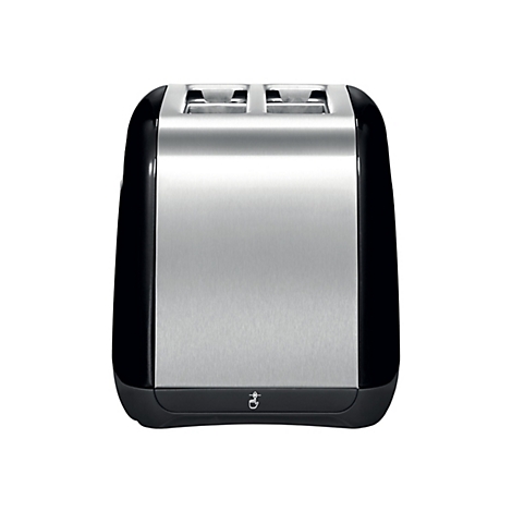 Elektrischer Toaster mit glänzendem Edelstahlgehäuse und schwarzen Seitenflächen vor weißem Hintergrund.