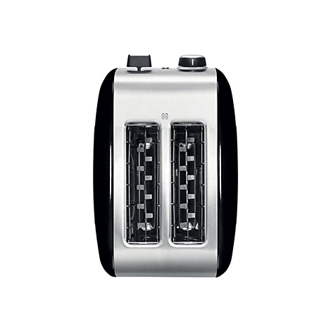 Edelstahl-Toaster von oben mit zwei Schlitzen und zwei schwarzen Einstellreglern auf weißem Hintergrund.